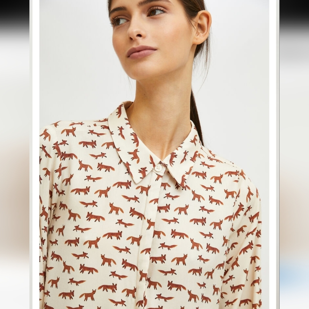 Compania Fantastica Button-Up Fox Print Blouse in Cream and Brown